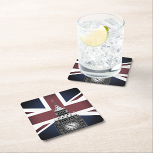 Vintage Britische Flagge & Big Ben, London, Großbr Rechteckiger Pappuntersetzer