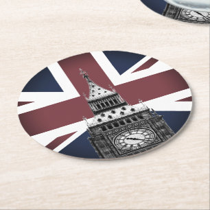 Vintage Britische Flagge & Big Ben, London, Großbr Runder Pappuntersetzer