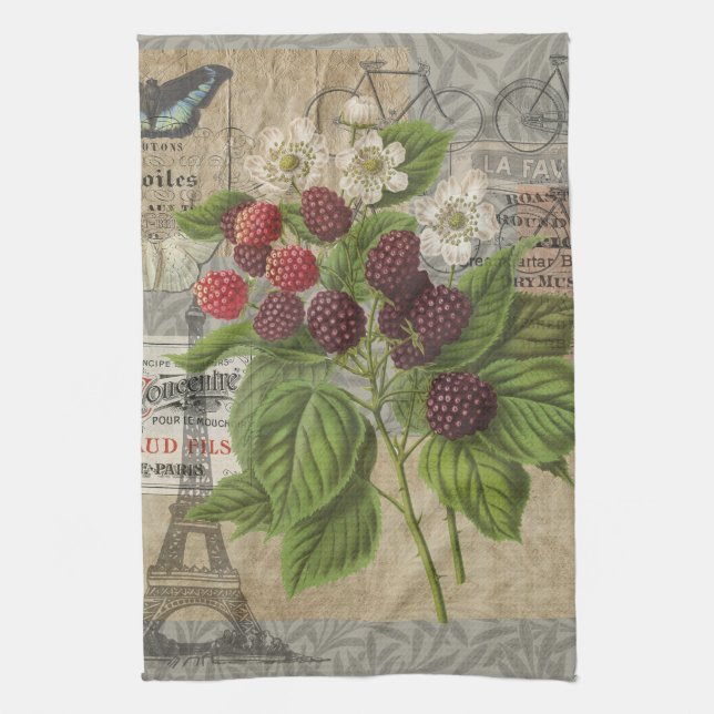 Vintage Brombeeren Französische Ephemera Art Colla Geschirrtuch (Vertikal)