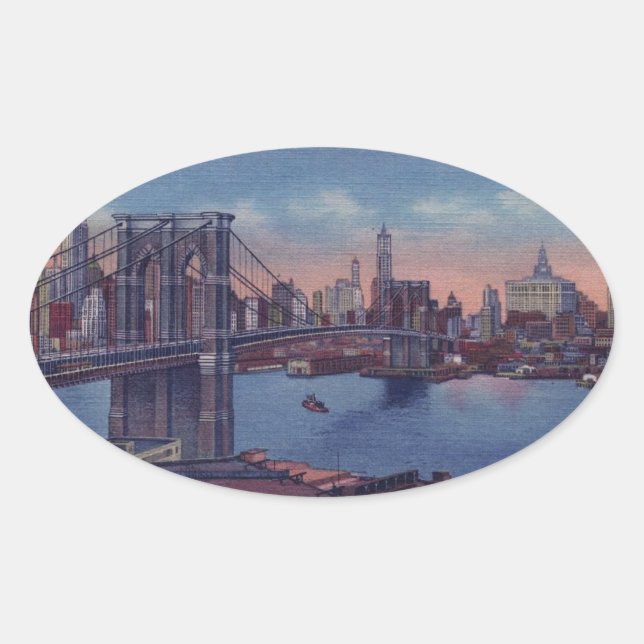 Vintage Brooklyn Bridge Ovaler Aufkleber (Vorderseite)