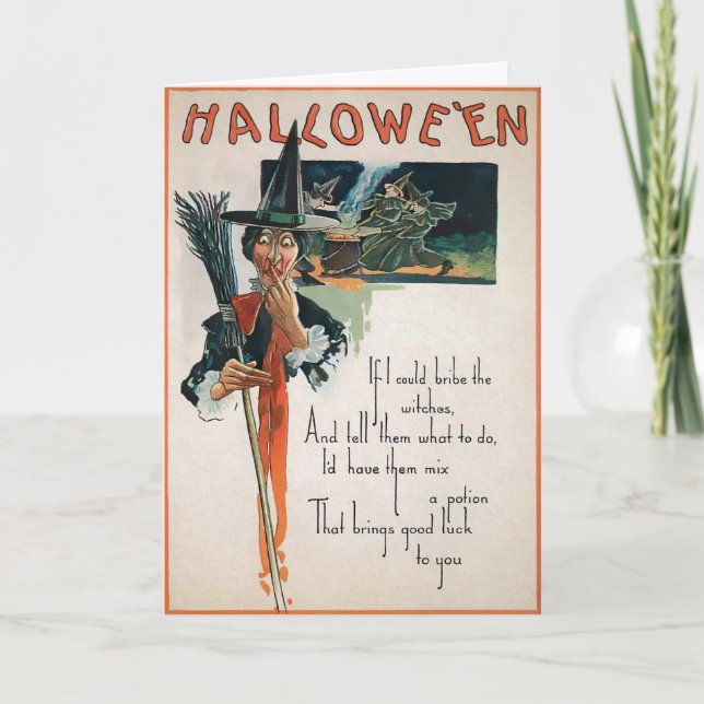 Vintage Broom Hexengedicht Halloween-Karte Feiertagskarte (Vorderseite)