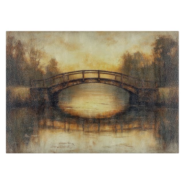 Vintage Brücke über den Fluss Malerei Landschaft Schneidebrett (Vorderseite)
