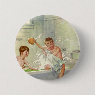 Vintage Brüder, Kinder, Jungen planschen in der Wa Button