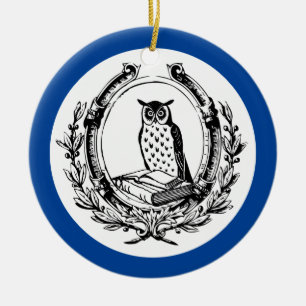 Vintage-Buch-Exlibris Eule Blau Keramik Ornament