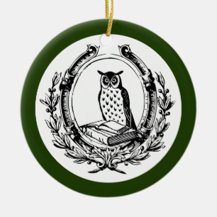 Vintage Buch-Exlibris Eule Lehrer Weihnachten Grün Keramik Ornament
