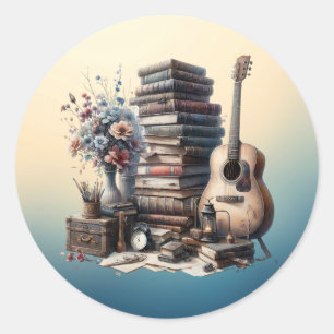 Vintage Bücher, Akustikgitarre und Blumenstrauß Runder Aufkleber