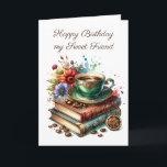 Vintage Bücher, Blume und Kaffee Friend Geburtstag Karte<br><div class="desc">Personalisierte Geburtstagskarte für einen Freund mit Innenfarben. Vintage Bücher, hübsche Blume und eine Tasse warmen Kaffee in einem antiken Teacup.</div>