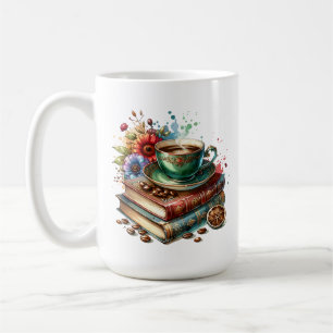 Vintage-Bücher, Blumen und Kaffee oder Tee Kaffeetasse