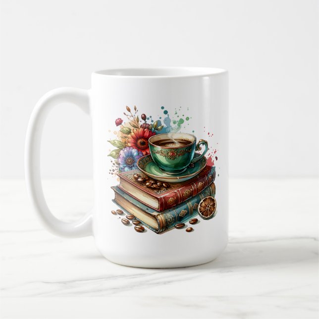 Vintage-Bücher, Blumen und Kaffee oder Tee Kaffeetasse (Links)