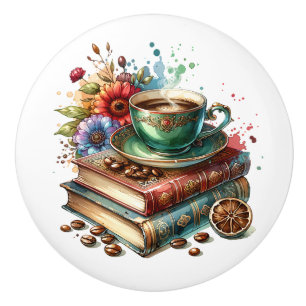 Vintage-Bücher, Blumen und Kaffee oder Tee Keramikknauf