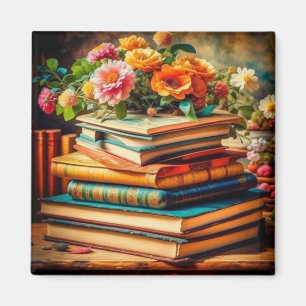 Vintage Bücher und Blume aus der Antike Magnet