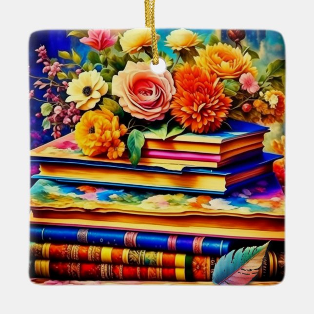 Vintage Bücher und Blume Keramikornament (Vorderseite)