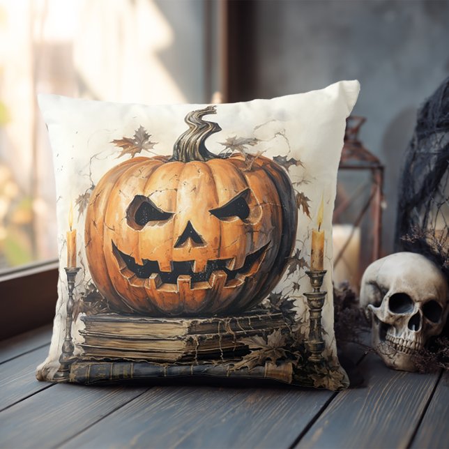 Vintage Bücher und JackOLantern Halloween Kissen (Spooky Halloween Pillow)