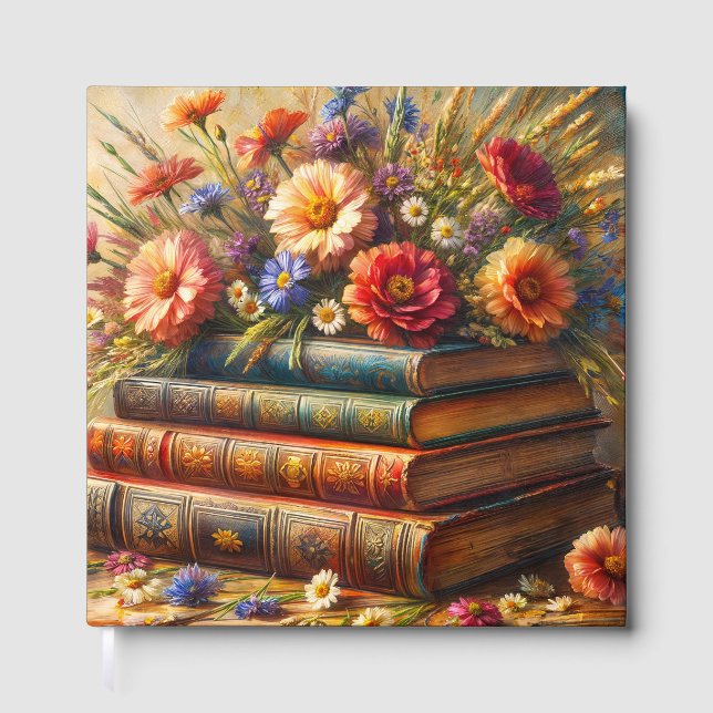Vintage Bücher und Wildblumen Kunst Gästebuch (Vorderseite)