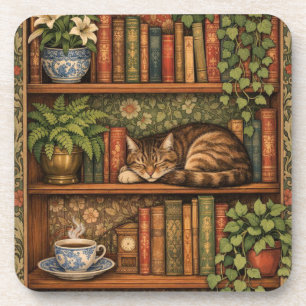 Vintage Bücherregal mit Katze und Kaffee Getränkeuntersetzer