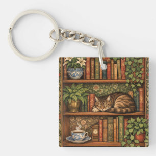 Vintage Bücherregal mit Katze und Kaffee Schlüsselanhänger