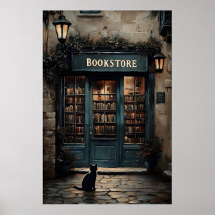 Vintage Buchladen und Katzen-Druck, Buch Katzenlie Poster