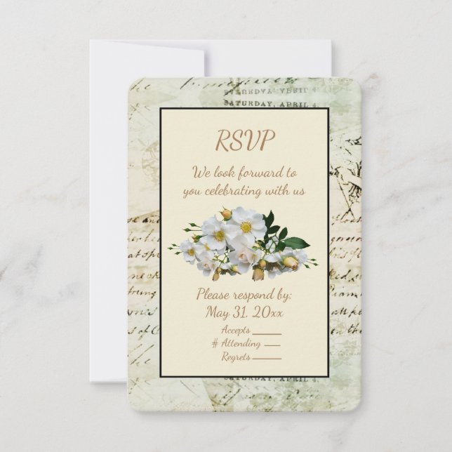 Vintage Buchstabenrahmen und Weiße Rosen RSVP Karte (Vorderseite)
