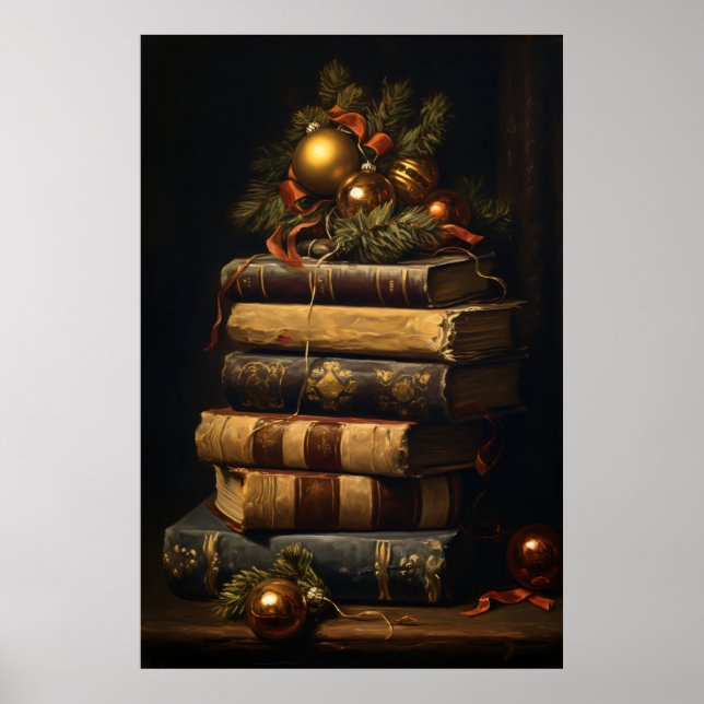 Vintage Buchstapel mit Weihnachtsdekoration Poster (Vorne)