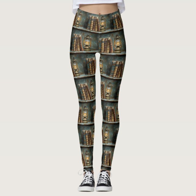 Vintage Buchstapelmalerei Antike Bibliothekswand Leggings (Vorderseite)