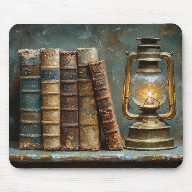 Vintage Buchstapelmalerei Antike Bibliothekswand Mousepad (Vorne)