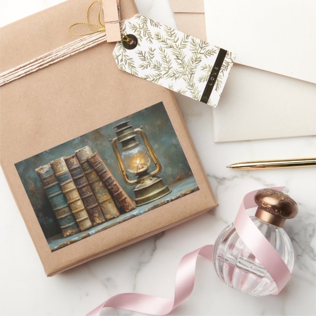 Vintage Buchstapelmalerei Antike Bibliothekswand Rechteckiger Aufkleber (Schenken)