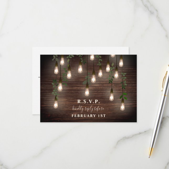 Vintage Bulben Rustikales Holz Botanische Hochzeit RSVP Karte (Vorderseite/Rückseite Beispiel)