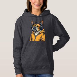 Vintage Bulldog mit Kopfhörern trägt Hoodie Musik
