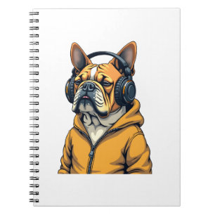 Vintage Bulldog mit Kopfhörern trägt Hoodie Musik Notizblock