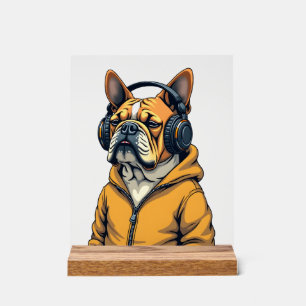 Vintage Bulldogge mit Kopfhörern trägt Hoodie Musi Acrylschild