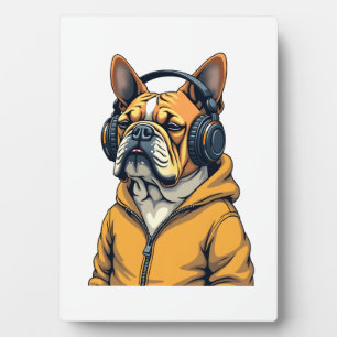 Vintage Bulldogge mit Kopfhörern trägt Hoodie Musi Fotoplatte