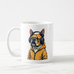 Vintage Bulldogge mit Kopfhörern trägt Hoodie Musi Kaffeetasse