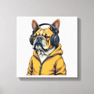 Vintage Bulldogge mit Kopfhörern trägt Hoodie Musi Leinwanddruck