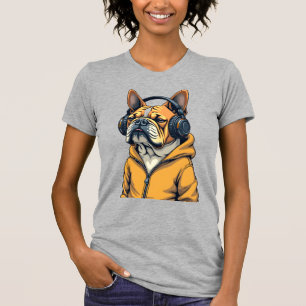 Vintage Bulldogge mit Kopfhörern trägt Hoodie Musi T-Shirt