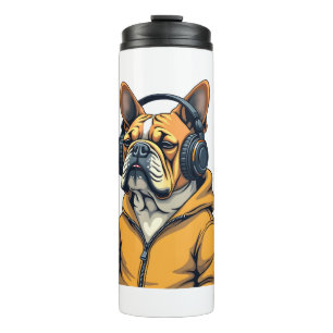 Vintage Bulldogge mit Kopfhörern trägt Hoodie Musi Thermosbecher