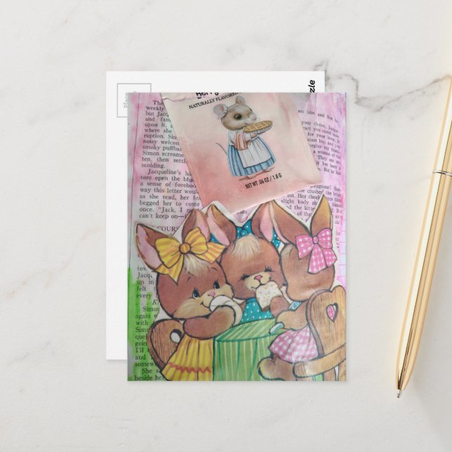 Vintage Bunnies and Mouse Collage Postkarte (Vorderseite/Rückseite Beispiel)