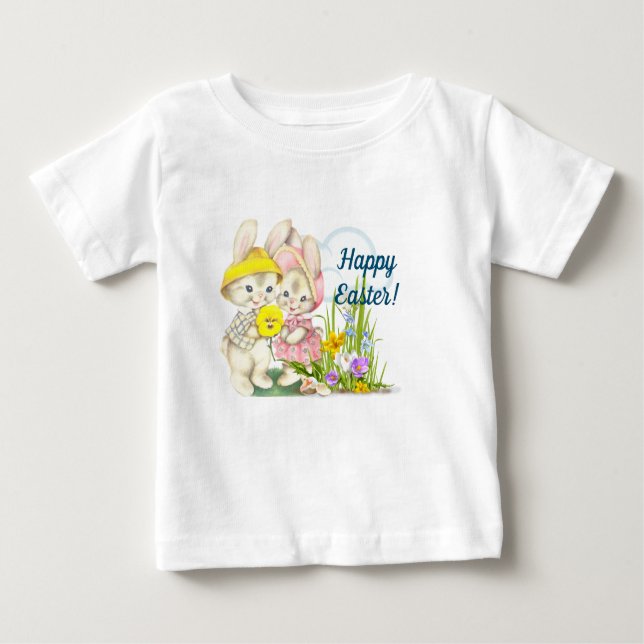Vintage Bunnies & Blume Frohe Ostern Baby T-shirt (Vorderseite)