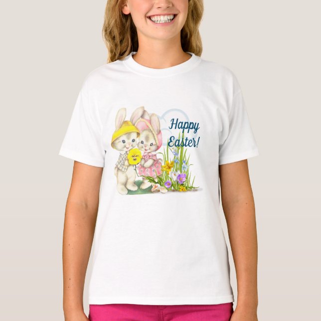 Vintage Bunnies & Blume Frohe Ostern T-Shirt (Vorderseite)