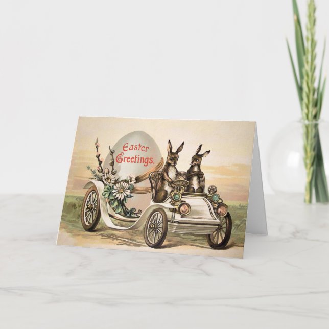 Vintage Bunnies Driving Easter Card Feiertagskarte (Vorderseite)