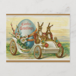 Vintage Bunnies im Auto mit Ostereier Postkarte