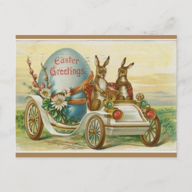Vintage Bunnies im Auto mit Ostereier Postkarte (Vorderseite)