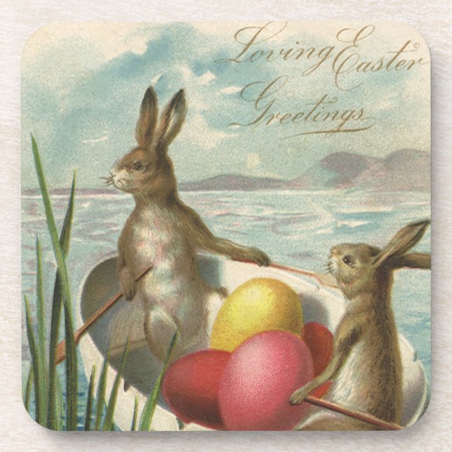 Vintage Bunnies in Boat, Liebe Ostergruß Getränkeuntersetzer (Vorderseite)