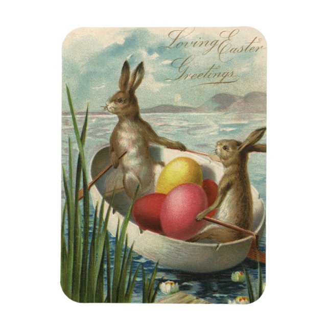 Vintage Bunnies in Boat, Liebe Ostergruß Magnet (Vertikal)