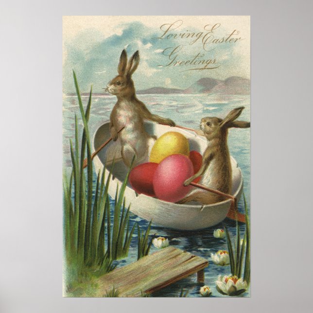 Vintage Bunnies in Boat, Liebe Ostergruß Poster (Vorne)