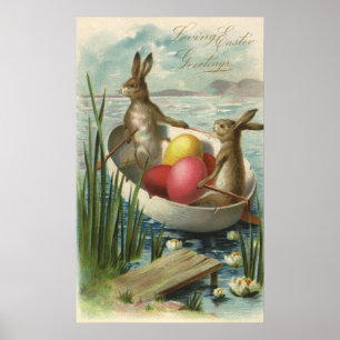 Vintage Bunnies in Boat, Liebe Ostergruß Poster