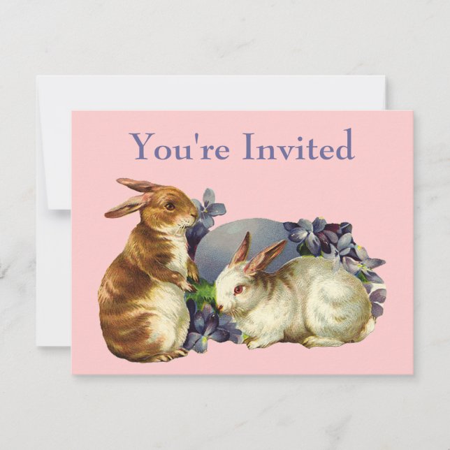 Vintage Bunnies mit Lila Ei Einladung (Vorderseite)