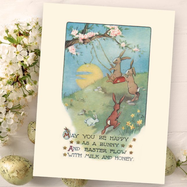 Vintage Bunnies Swing mit Ostergedicht Postkarte (Von Creator hochgeladen)
