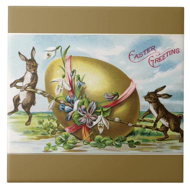 Vintage Bunnies und goldenes Ostereier Fliese (Vorderseite)