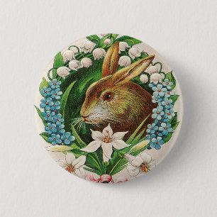 Vintage Bunny Floral Wreath Osterfeier Button