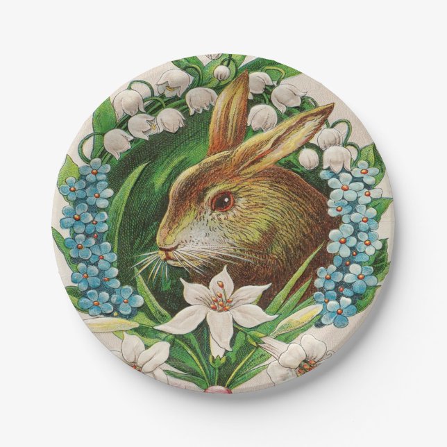 Vintage Bunny Floral Wreath Osterfeier Pappteller (Vorderseite)